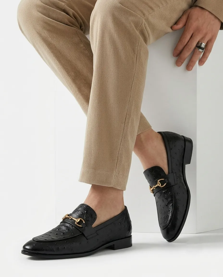 Black Ostrich Horsebit Loafers | Pelle Sole